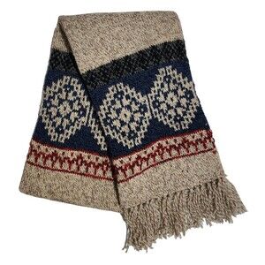 EMS Eastern Mountain Sports Wool-Blend Scarf Beige Blue Red Fringe Made in USA